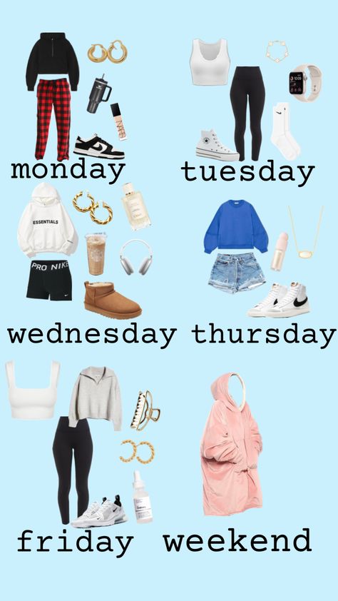 ✨outfits of the week✨ Preppy Outfits Of The Week, Day Of The Week Outfits, Weekly Outfits For School, Weekly Outfit Ideas, Week Outfits For School, Days Of The Week Outfits, Casual Monday Outfit, Monday Outfits, Outfits For The Week