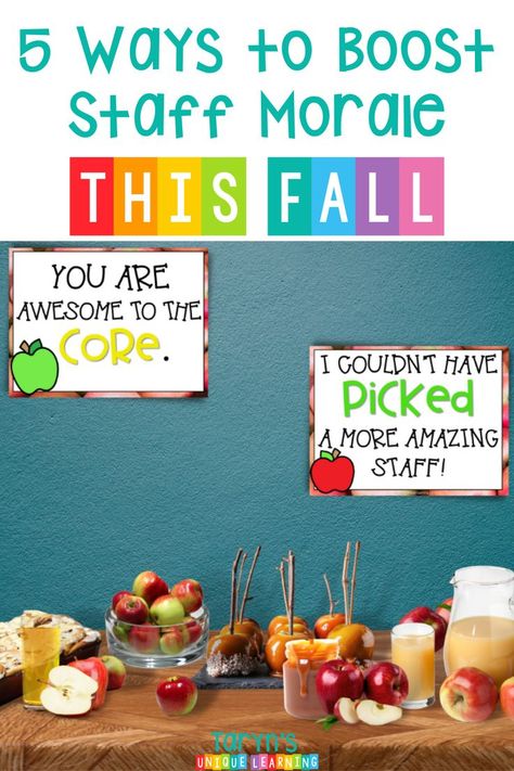 Are you looking for some amazing staff morale boosters for teachers and school staff this Fall? Staff appreciation snacks, ideas, random acts of kindness,and gifts should not be secluded to one week of the year. Letting your staff know they are valued and appreciated ALL YEAR LONG can boost staff morale. As far as I'm concerned everyone wins- staff, students, administration and parents when staff morale is high. So why not give some of these amazing Fall ideas a try! #staffmoraleboosterteachers Morale Boosters For Teachers, Staff Appreciation Ideas Morale Boosters, Boost Staff Morale, Boost Teacher Morale, Teacher Appreciation Themes, Teacher Encouragement, Teacher Morale, Elementary Principal, School Staff And Teachers Appreciation