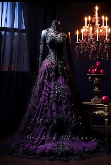 Vishma Maharaj, Royal Purple Wedding, Dark Purple Wedding, Goth Wedding Dresses, Black Wedding Dress Gothic, Purple And Black Dress, Gothic Dresses, Black Wedding Gowns, Purple Wedding Dress