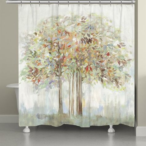 This landscape style shower curtain is a sweet and calming home decor piece. The peaceful design features a bundle of trees with multicolored leaves painted on a washed-out pastel background. This shower curtain will bring a surreal scene of nature to any home. Calming Home Decor, Calming Home, Surreal Scenes, Black Forest Decor, White Shower Curtain, Shower Liner, Curtains With Rings, Shower Curtain Rings, Pastel Background