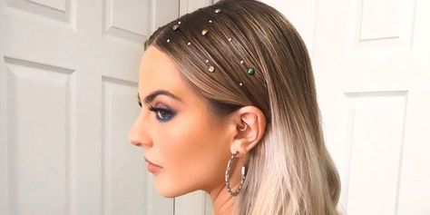 Bridal Hair Gems, Hair Styles With Diamonds, Hair Diamonds Jewels, Slick Hair With Gems, Prom Hair With Jewels, Diamonds On Hair, Hair With Diamonds, Hair Gems Rhinestones, Hair Gems Hairstyles