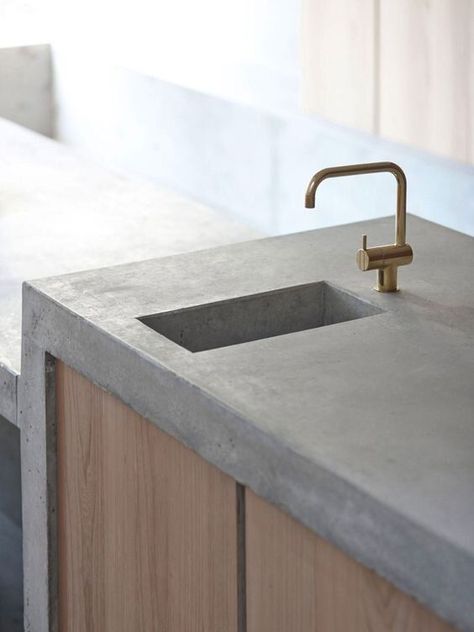 This post looks at a creative approach to the use of concrete. Not only for forming exterior buildings, which by themselves are sometimes beautiful and awe inspiring, but also interior uses such as the modern trend for concrete countertops in kitchens and bathrooms, all the way to concrete for home decor and art and design. Concrete Counter Top, Smooth Concrete, Concrete Counter, Concrete Kitchen, Concrete Furniture, Concrete Wood, Kitchen Farmhouse, Bespoke Interiors, Concrete Countertops