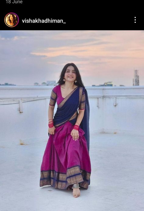 South Indian Half Saree Simple, Marriage Guest Outfit South Indian, Half Saree Tamil Nadu Style, Half Saree Lehenga South Indian, Lehenga Designs South Indian, Half Saree Wearing Styles, Onam Half Saree Outfits Ideas, Aesthetic Half Saree, Dhavani Designs For Wedding