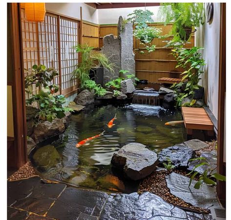 Koi Fish Pond Indoor, Backyard Ponds Small Garden Waterfall, Japanese Koi Pond Design, Small Koi Pond Ideas, Natural Pond Ideas, Airbnb Plans, Indoor Koi Pond, Diy Koi Pond, Koi Pond Ideas