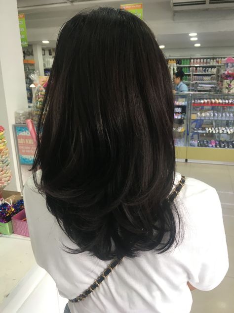 layered black hair Dark Medium Layered Hair, Cute Haircuts Black Hair, Straight Medium Length Layered Hair, Haircut Black Hair Medium, Black Midlength Haircuts, Black Hair Shoulder Length Layers, Soft Layers Black Hair, Black Shoulder Length Hair Straight, Straight Black Hair Medium Length