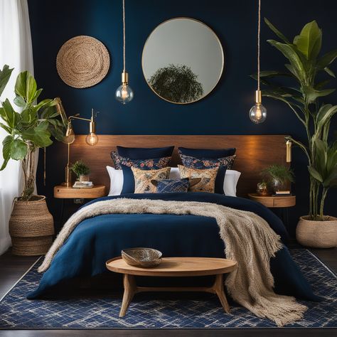 Mahogany And Blue Bedroom, Black Trim Blue Walls, Midnight Blue Bedroom Ideas Accent Wall, Blue Dark Bedroom, One Blue Wall Bedroom, Dark Blue And Green Bedroom Ideas, Navy Blue Vintage Bedroom, Deep Blue Bedroom Ideas, Dark Blue And Green Bedroom