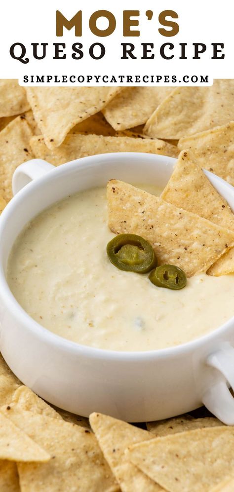 This Moe's Queso recipe is a creamy and flavorful blend of melted cheeses, spices, and peppers, creating a savory queso that's both versatile and irresistible. Whether used for dipping, topping or enjoyed on its own, it's a delicious Tex-Mex favorite that adds the perfect touch to any meal. Copycat Moes Queso, Moe’s Queso Recipe, Recipe For Queso Dip, Cheese Sauce Recipe For Nachos, Chuys Queso, Casa Ole Queso, Top Dip Recipes, Tex Mex Queso Recipe, Stovetop Queso