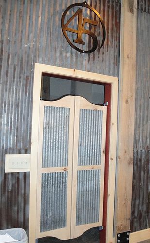 I like the sheet metal Bathroom Shelf Styling, Swinging Doors Kitchen, Saloon Doors, Barn Bathroom, Cafe Door, Swinging Doors, Shutter Doors, Corrugated Metal, Pantry Door