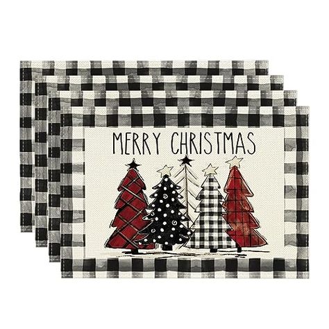 Artoid Mode Waterclor Buffalo Plaid Christmas Trees Placemats Set of 4, 12x18 Inch Winter Table Mats for Outdoor Home Party Kitchen Dining Decor Plaid Christmas Trees, Christmas Placemat, Mat Kitchen, Buffalo Plaid Christmas, Table Mat, Linen Placemats, Plaid Christmas, Linen Tablecloth, Table Mats