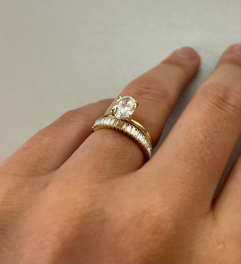 Wedding Band Set Oval Ring, Gold Baguette Wedding Ring, Silver Wedding Ring Gold Band, Thick Gold Wedding Band Oval Engagement Ring, Gold Wedding Band Oval Engagement Ring, Baguette Band With Oval Ring, Oval Diamond And Wedding Band, Baguette Wedding Band Stacked, Ring Stack With Oval Engagement Ring