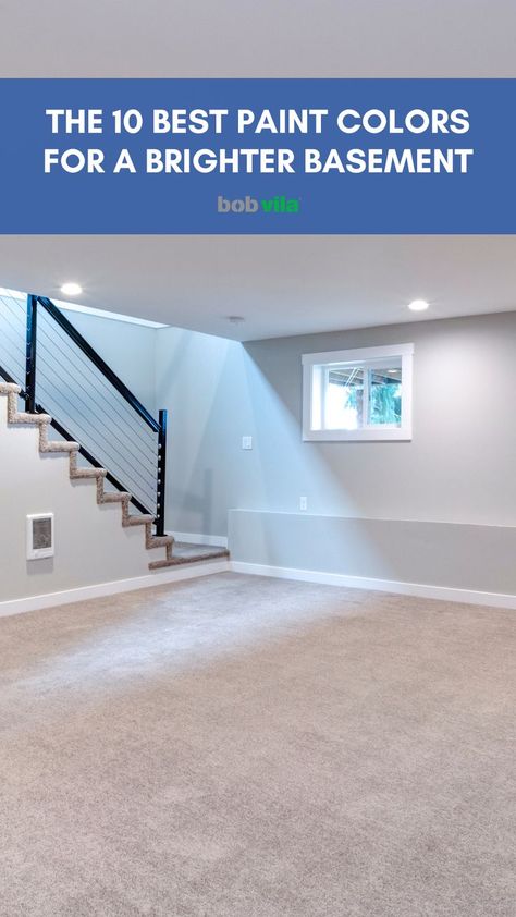 A finished basement painted light gray with text that says "The 10 Best Paint Colors for a Brighter Basement" Colors For Basement, Best Basement Paint Colors, Basement Wall Colors, Basement Paint, Basement Paint Colors, Dutch Boy Paint, Basement Painting, Light Paint Colors, Dark Basement