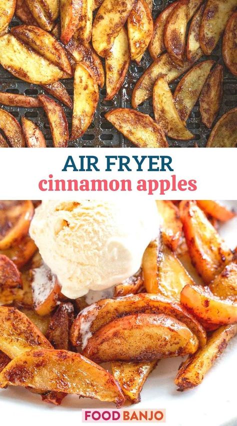 air fried cinnamon apples topped with ice cream Apple Recipes In Air Fryer, Air Fryer Apples Recipe, Apples Air Fryer Recipes, Baked Apples In Air Fryer, Air Fryer Cinnamon Apples, Air Fried Apples, Pears Recipes, Air Fryer Apples, Apple Cinnamon Recipes