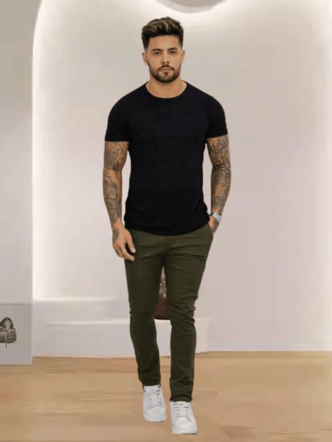 Verde Escuro Casual Collar  Tecido  Skinny Embellished Elasticidade Baixa Todos Jeans Look, Men Clothing, Mens Bottom, Mens Pants, Length Sleeve, Slim Fit, Mens Outfits, Pants, Clothes