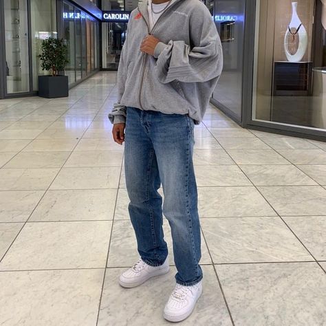 oversized hoodie w/ denim pants Grey Hoodie Outfit Men, Air Force 1 Outfit Men, Dark Blue Jeans Outfit, Gray Hoodie Outfit, Levi Jeans Outfit, Af1 Outfit, Blue Jeans Outfit Men, Oversized Hoodie Outfit, Air Force 1 Outfit