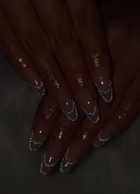 nails crystals glitter cybercore vivienne westwood  tiktok icy glitter simple nails short Nails With Strass Sparkle, Dark Glitter Nails, Nails With Strass, Holiday Dip Nails Winter, Holiday Dipped Nails, Sparkly French Tips, Nude Nails With Glitter, Cowboy Nails, Nails With Glitter