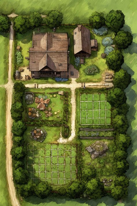 Farm Battlemap, D&d Character Design, Farm Map, Battlemaps Dnd, D&d Online, Dnd Backgrounds, Dnd Terrain, Dnd Accessories, Fantasy City Map