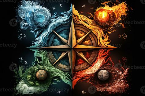 Four elements compass. Generative AI. Colorful magical fantasy compass, four elements earth, fire, water, air. Earth Element Symbol, Earth Fire Water Air, Nature Symbols, Earth Air Fire Water, Elements Earth, Elements Tattoo, The Four Elements, Earth Wind & Fire, 4 Element