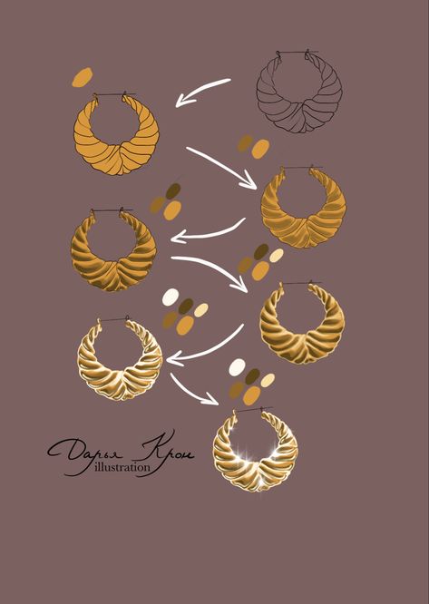 Coloring Gold Digital, Gold Jewelry Drawing, Earing Drawing Reference, Procreate Jewellery Drawing, Digital Jewelry Illustration, How To Render Gold, Gold Drawing Tutorial, How To Draw Earrings, How To Draw Gold