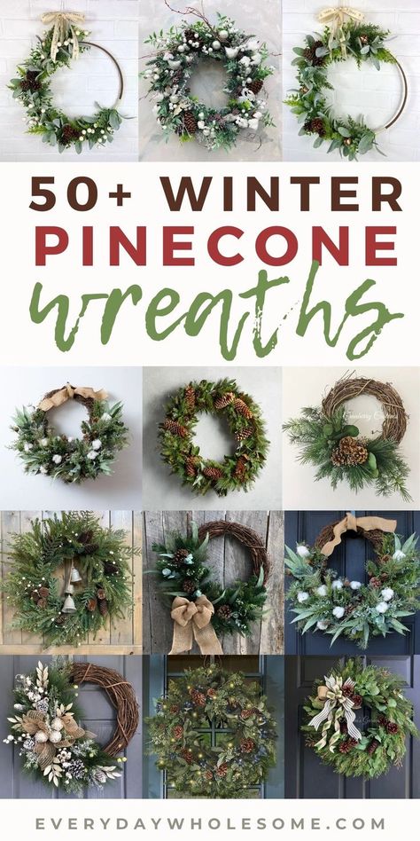 Wood Door Wreath Diy, Winter Greenery Wreath, Christmas Wreath With Pinecones, Simple Winter Wreaths For Front Door, Simple Winter Wreath, Rustic Winter Wreaths For Front Door, Winter Wreaths For Front Door Diy Simple, Diy Winter Wreath For Front Door, Winter Front Door Wreaths