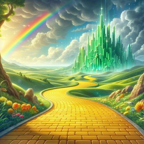 Land Of Oz Aesthetic, The Wizard Of Oz Painting, Wizard Of Oz Yellow Brick Road, Wizard Of Oz Wallpaper Aesthetic, Wicked Emerald City, Wizard Of Oz Set Design Ideas, Wizard Of Oz Background, The Wizard Of Oz Illustration, Wicked Background