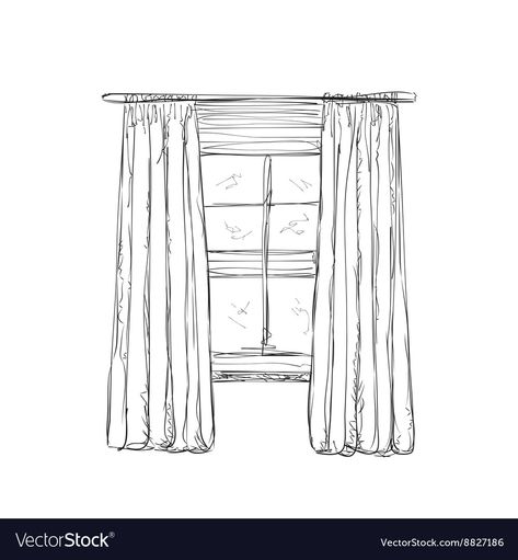 Big Window Drawing, Drawing Of Curtains, Windows Drawing Sketch, Window Sketch Architecture, Curtain Drawing Sketch, How To Draw Windows, How To Draw A Window, Window With Curtains Drawing, Window Drawing Sketch