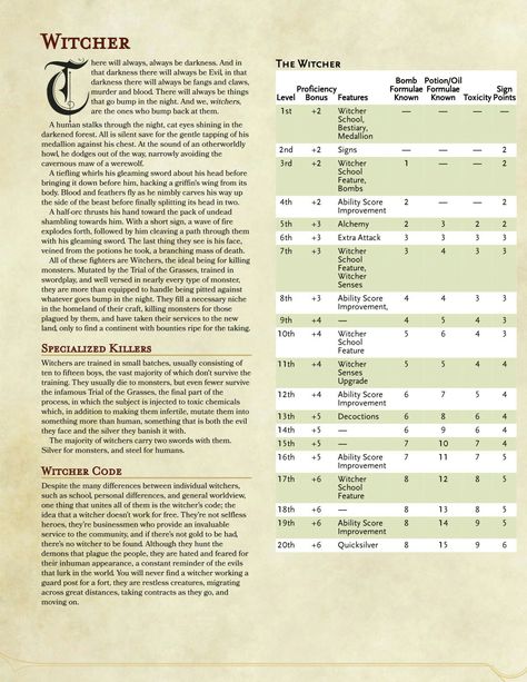 The Witcher homebrew class for D&D5e Dungeons And Dragons Rules, Dungeons And Dragons Races, Dnd Stats, Dnd Classes, Dnd Races, Dungeons And Dragons 5e, Dnd Funny, Dungeons And Dragons Classes, Dnd 5e Homebrew