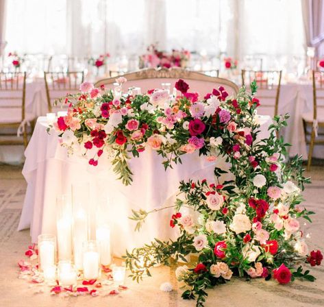 Ballroom Ceiling Decorations, Fucsia Wedding, Pink Floral Centerpieces, Sweetheart Table Flowers, Flower Moxie, Bridal Decor, Magenta Wedding, Sweetheart Table Wedding, Floral Installations