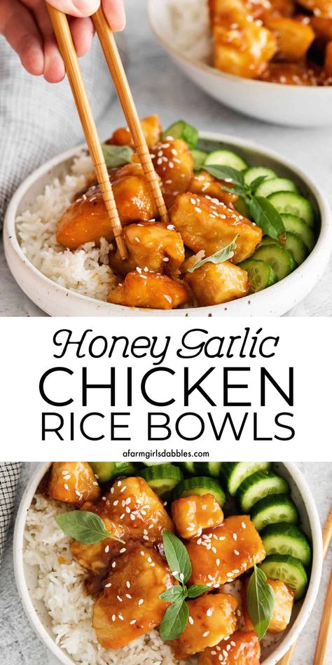 Honey Garlic Chicken Rice Bowls - Quick & Easy Dinner! Honey Garlic Chicken Rice Bowl, Honey Garlic Rice Bowl, Honey Garlic Chicken Meal Prep, Honey Chicken Rice Bowl, Honey Garlic Chicken Bowl, Chicken And Rice Healthy Recipes, Easy Dinner Recipes Chicken And Rice, Asian Chicken Bowl Recipe, Chicken Rice Bowls Healthy Easy Recipes