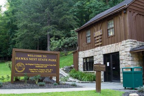 Hawks Nest West Virginia Ranger Station. Ansted, West Virginia, USA - August 8, 2020: Ranger Station and welcome sign at Hawks Nest States Park of the New River royalty free stock photos Ranger Station, Civilian Conservation Corps, Fayette County, Background Nature, Wilderness Camping, Camping Aesthetic, Virginia Usa, New River, Park Ranger