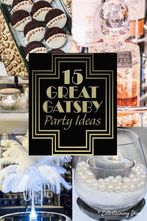 These great gatsby party decor ideas are awesome! I especially love the glam feather centerpiece, and the entrance sign. They would be perfect for a wedding, graduation party or even a New Year's Eve party. | Party Decorations Glam Theme Party Decor, Gatsby Party Decor, Glam Birthday Party Ideas, Sylvester Party, Nye Ideas, Gatsby Birthday Party, Gatsby Party Decorations, Great Gatsby Themed Party, Party Cat