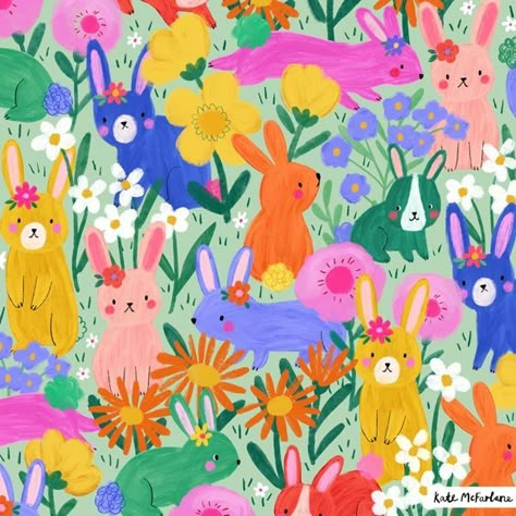 Kate Mcfarlane, Garden Graphic, Toddler Girl Room, Flower Meadow, Kids Pjs, Spring Mood, Blue Pink Purple, Bunny Pattern, Year Of The Rabbit