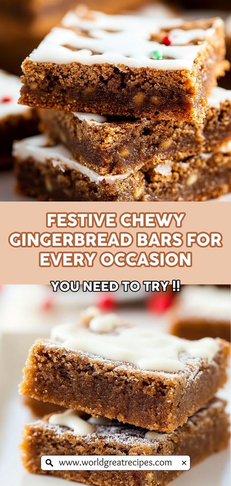 Celebrate every occasion with these festive chewy gingerbread bars! Their delightful combination of soft texture and warm spice flavors makes them an ideal dessert for holidays, birthdays, or any gathering. This recipe is simple, requiring just a few ingredients while creating a batch of mouthwatering bars that are sure to please. Gingerbread Squares Holidays, Chewy Gingerbread Bars, Gingerbread Bars Recipe, Gingerbread Jelly, Mega Cookies, Easy Gingerbread Recipe, Gingerbread Bars, Christmas Bars, Holiday Finger Foods