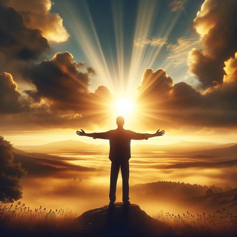 A serene landscape at sunrise, symbolizing peace and new beginnings. In the foreground, a solitary man stands with his arms spread wide, facing the rising sun. The sun's rays break through the clouds, casting a warm, golden light over the landscape. The man's posture and the sunrise symbolize feeling uplifted and rejuvenated by biblical affirmations. Sun Morning Photography, Sun Rise Pictures Mornings, Love In Bible, Affirmations For Him, Rising Sun Wallpaper, Sun Through Clouds, Rising Sun Pictures, Break Through, Sunrise Photography Beach