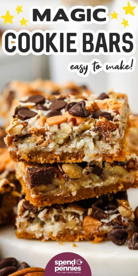 Get ready for magic cookie bars! Layer graham crackers, butter, coconut, pecans, butterscotch, and chocolate chips. Customize with what's on hand for sweet, crunchy, chewy 7-layer cookie bars. Sweetened condensed milk is the secret to ultimate gooey deliciousness—a perfect treat for all occasions! #spendwithpennies #magiccookiebars #magiccookiebarrecipe #magiccookiebarsrecipe Easy Pumpkin Bars, Magic Bars Recipe, Magic Cookie Bar Recipe, Cream Cheese Frosting Easy, Cookie Bars Easy, Lemon Bars Easy, Magic Cookie Bars, Spend With Pennies, Cookie Bar