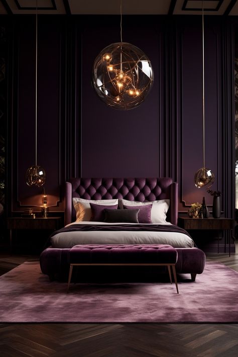 Bedroom Decor Ideas| Bedroom Decor Ideas for Women Purple Wall Bedroom, Plum Bedroom, Dark Feminine Bedroom, Royal Bedroom Design, Record Decor, Purple Bedrooms, Feminine Bedroom, Purple Bedroom, Glam Bedroom