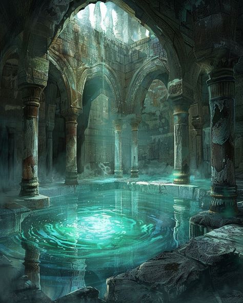 Different Fantasy Aesthetics, Dark Underwater Fantasy Art, Underwater Ruins Aesthetic, The Round Table, Underwater Portal Fantasy Art, Fantasy Ocean Kingdom, Underwater Civilization Concept Art, Water Fantasy Aesthetic, Spooky Ocean Aesthetic