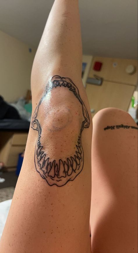 Shark Jaw Tattoo, Jaw Tattoo, Shark Tattoo Ideas, Hai Tattoo, Beachy Tattoos, Shark Jaw, Tooth Tattoo, Tier Tattoo, Shark Tattoo