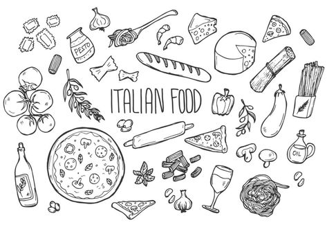 Italian Drawings Easy, Pasta Doodle Drawing, Italian Food Drawing, Italy Drawing Easy, Italian Clipart, Food Drawing Easy, Food Sketches, Food Doodles, Food Sketch