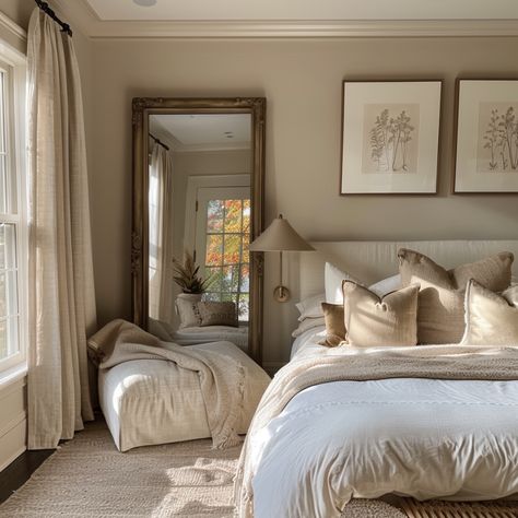 beige bedroom with a mirror Taupe Cream Bedroom, Bedroom With Taupe Walls, Tan Room With Accent Wall, Accesible Beige Bedroom, Neutral Bedroom Earth Tones, Taupe Wall Color Bedroom, Sand Walls Bedroom, Neutral Bedroom With Colorful Accents, Beige Painted Bedroom