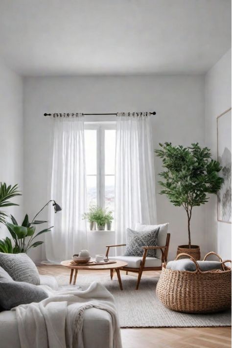 Bright Scandinavian living room with sheer curtains and natural light Scandinavian Living Room Ideas, Scandi Living Room, Scandinavian Design Living Room, Scandinavian Living Room, Warm Lighting, Cozy Chair, Scandinavian Minimalism, Living Room Scandinavian, Scandinavian Living