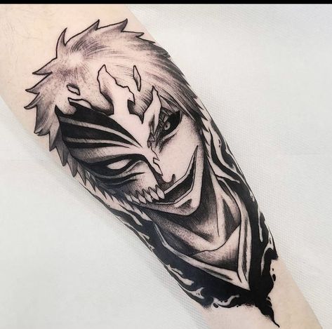 Anime Coverup Tattoo, Ichigo Hollow Tattoo Design, Ichigo Kurosaki Tattoo Design, Bleach Ichigo Tattoo, Ichigo Kurosaki Tattoo, Ichigo Tattoo Ideas, Bleach Anime Tattoo, Bleach Tattoo Ideas, Bleach Tattoo