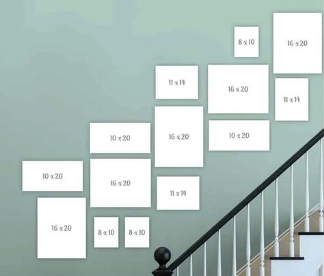 Family Photo Gallery Wall Stairway, Family Photos On Staircase Wall, Hallway Stairs Photo Wall, Staircase Frames Layout Stairway Photos, Gallery Wall Layout With Sizes Stairs, Staircase Collage Wall Frame Layout, Stairway Frame Layout, Photo Wall Ideas Stairway, Picture Collage On Stair Wall