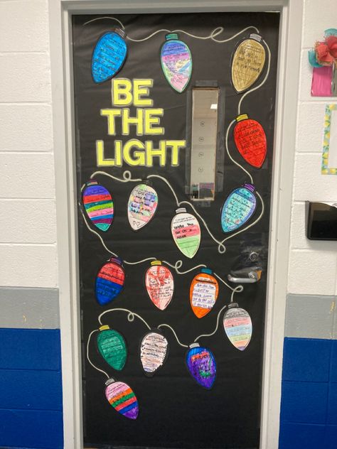 Light Up The Season Door, Light Up With Kindness Bulletin Board, Christmas Light Door Decorations, Light Up The World With Kindness, Light Up The Season With Kindness, Light Bulb Bulletin Board, Christmas Light Craft, Campus Beautification, Cottage Activities