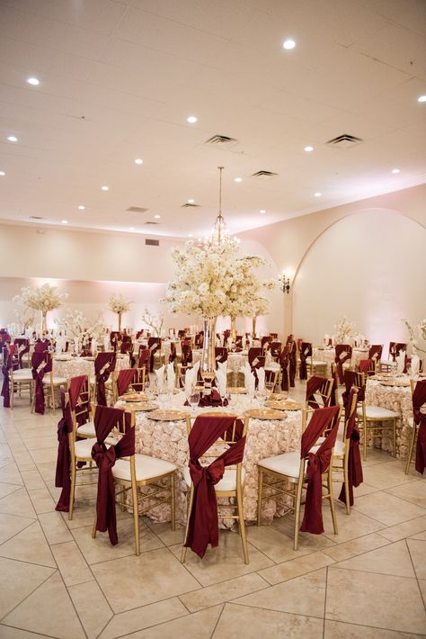 Red Gold Debut Theme, Red And White Wedding Venues, Maroon And Cream Wedding Theme, Red Venue Wedding, Burgundy Xv Decoration, Red And Gold Sweets Table, Red Venue Decor, Maroon Gold Wedding Theme, Burgundy Charro Quinceanera Theme