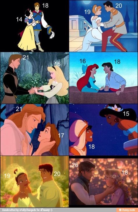 Disney princes' and Princesses' ages...but I'm I watched twisted and Aladdin is 33 Disney Love Couples, Disney Relationships, Difference Between Like And Love, Age Difference Relationship, Meme Disney, Humor Disney, Disney Amor, Disney Princess Memes, Disney Mignon