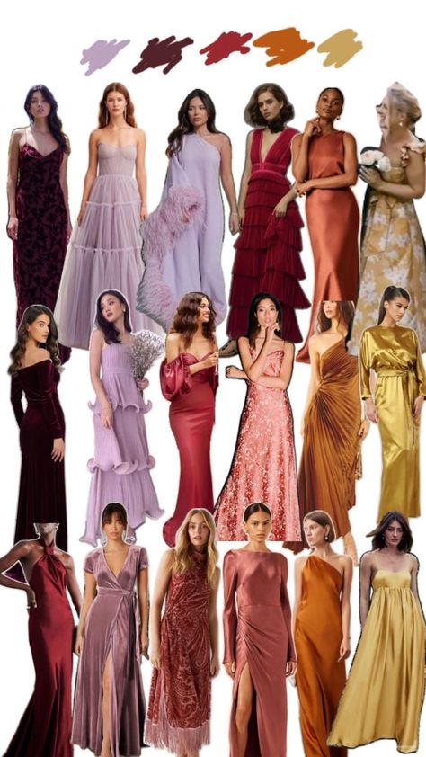 Bridesmaid Dress Color Schemes, Autumn Color Palette Fashion, Spring Wedding Color Palette, Fall Bridesmaids, Fall Bridesmaid Dresses, Wedding Party Outfits, Dress Code Wedding, Bridesmaid Colors, Fall Wedding Guest