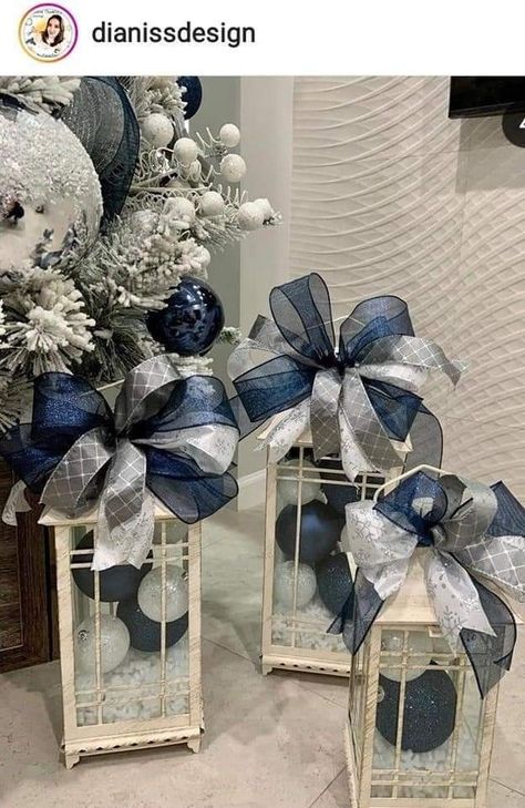 Navy Blue And White Tree, Blue And Gray Christmas Decor, Navy Blue And Silver Christmas Decor, Blue Theme Christmas Decor, Blue Silver Christmas Decorations, Blue White Silver Christmas Decor, Christmas Decor Ideas Blue And Silver, Blue Xmas Decorating Ideas, Dark Blue Christmas Decor