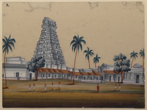 Trichinopoly, India (made)  Date: ca. 1860. This painting depicts an unidentified South Indian temple. South Indian Temple, Temple Drawing, Bangalore City, Chalk Pastel Art, Indian Temple Architecture, India Painting, Hindu Temples, Temple Photography, Mughal Paintings