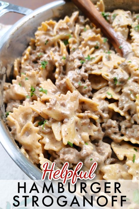 Helpful Hamburger Stroganoff - A family-size recipe for ground beef stroganoff like homemade Hamburger Helper that’s quick, easy and surprisingly delicious! Delicious Ground Beef Recipes, Recipe For Ground Beef, Hamburger Meat Recipes Easy, Hamburger Stroganoff, Hamburger Helper Recipes, Hamburger Dishes, Ground Beef Stroganoff, Homemade Hamburger, Easy Meat Recipes