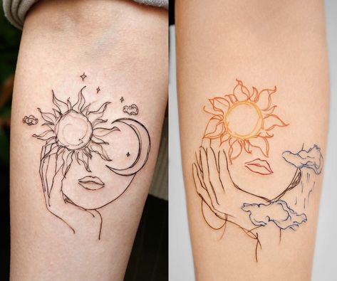 Multiple Memorial Tattoos, Moon And Sun Tattoo Matching, Mother Daughter Tattoos Simple, Twins Tattoo Ideas, Matching Mother Daughter Tattoos, Tattoo Sonne, Matching Ideas, Matching Tats, Basic Tattoos